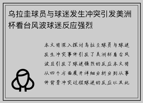 乌拉圭球员与球迷发生冲突引发美洲杯看台风波球迷反应强烈
